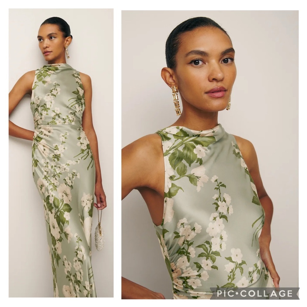 Reformation NWT 2 Anaiis Silk Maxi Dress Open Back Tarragon Green Floral - Picture 2 of 12